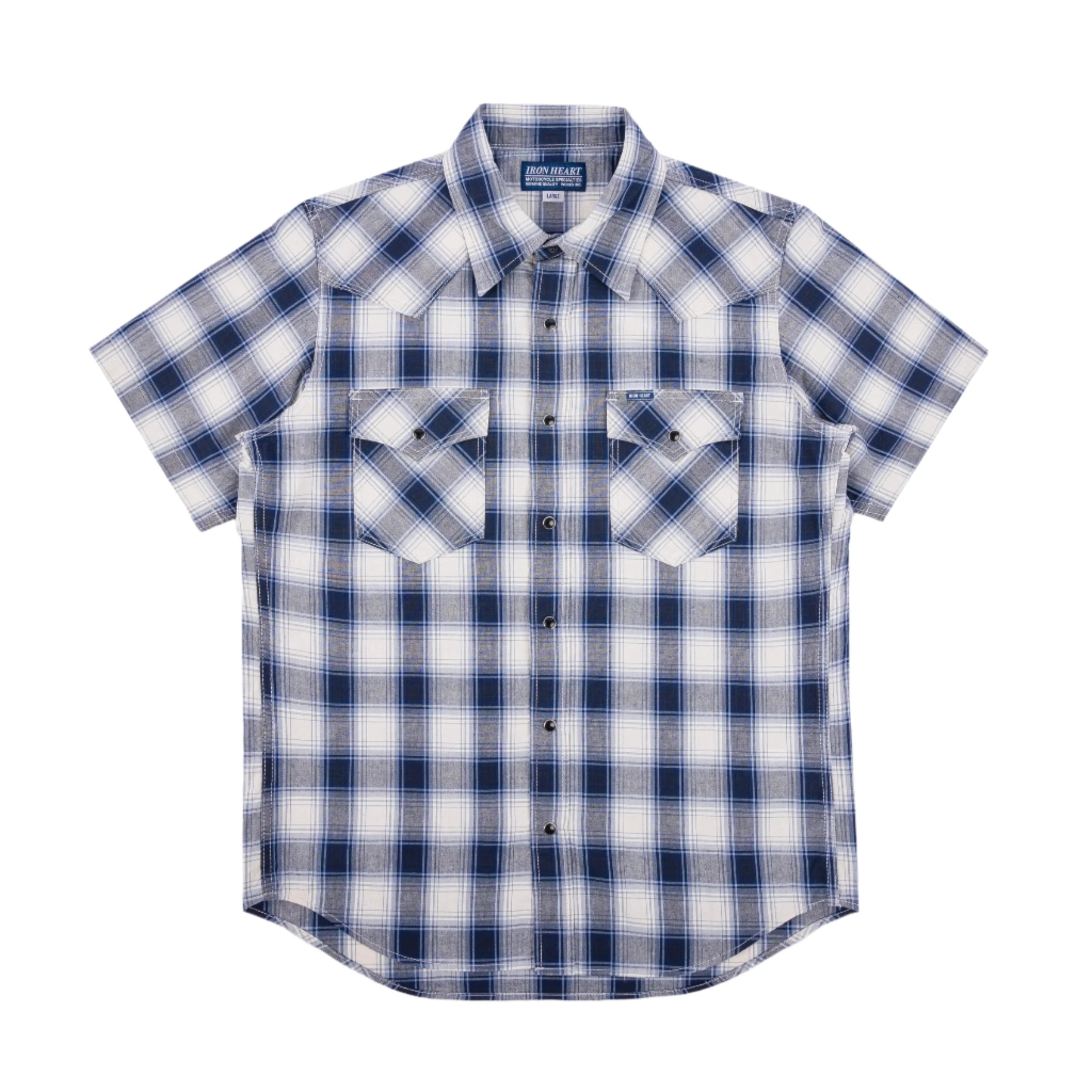 IHSH-418-BLU 5oz Selvedge Madras Check Short Sleeve Western Shirt Blue