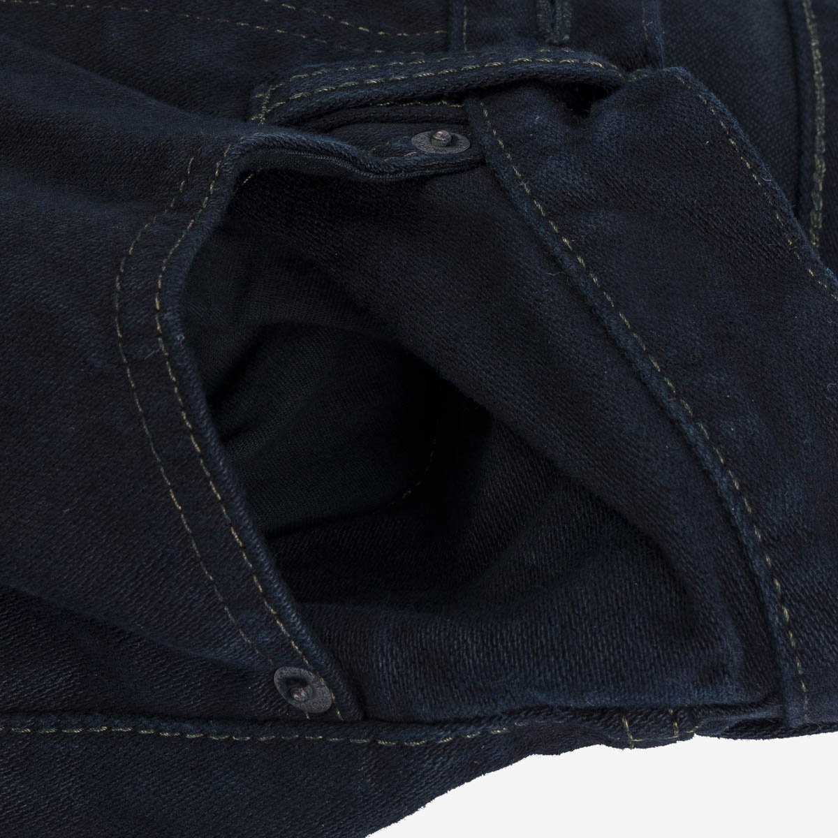 IH-888SBR-14od 14oz Broken Twill Selvedge Denim Relaxed Taper Indigo Overdyed Black
