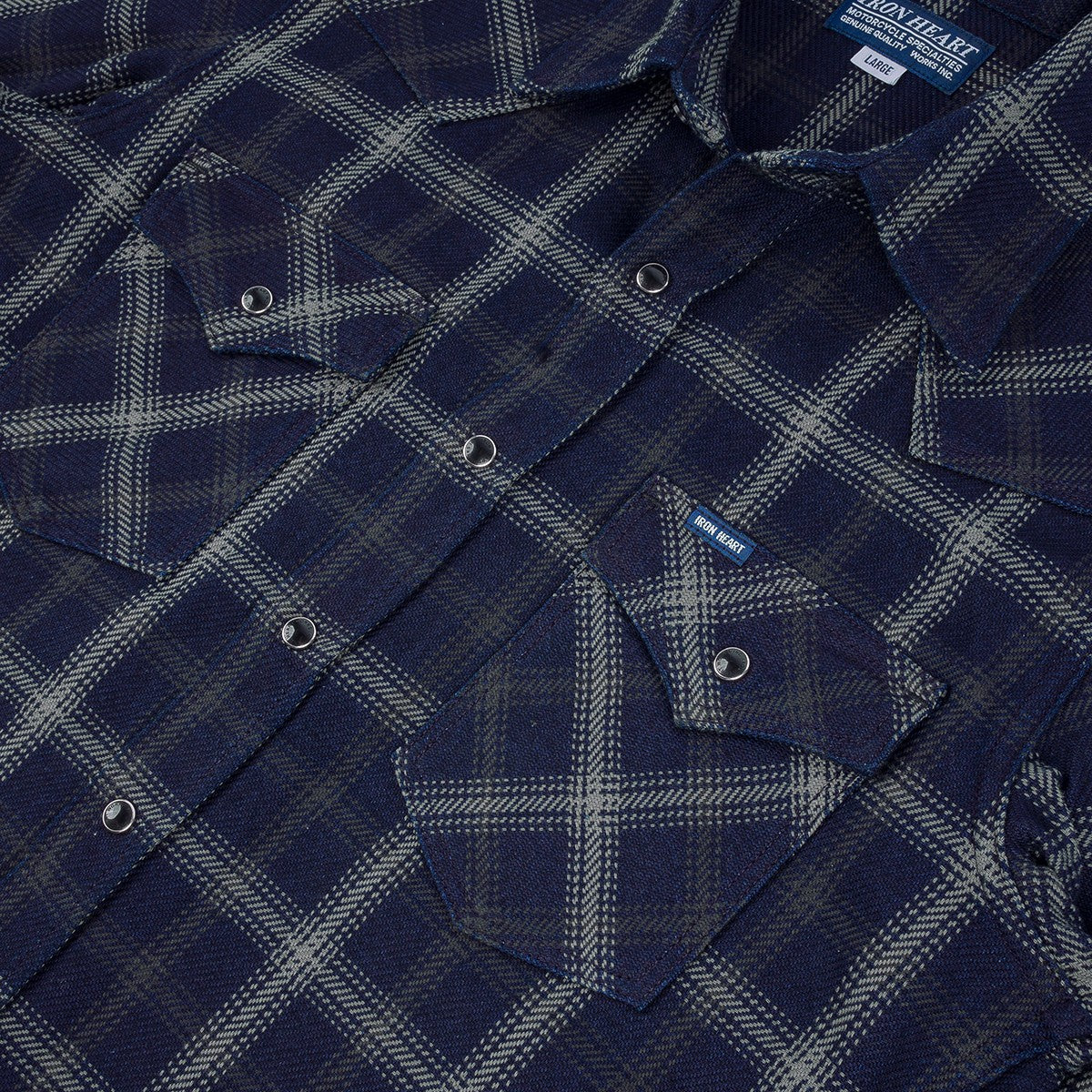 IHSH-411-BLK 9oz Selvedge Indigo Check Flannel Western Shirt Black