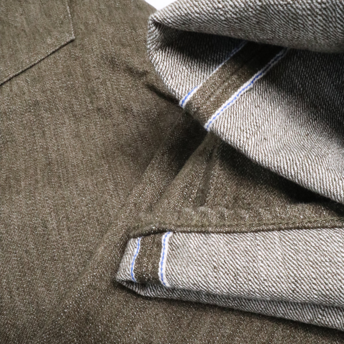 OL-14oz-019 14oz Selvedge Denim Relax Tapered Olive x White