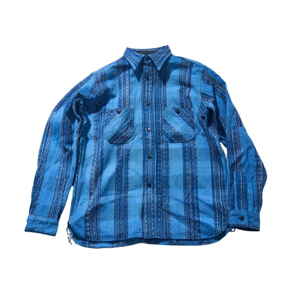 SKN24-01 Rain "Kasuri" Flannel Work Shirt Natural Indigo