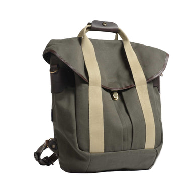 Green backpack with beige straps on a white background