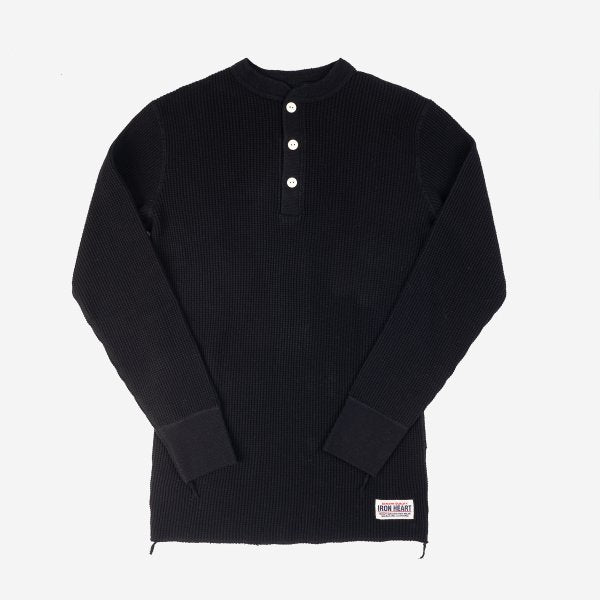 IHTL-1213-BLK Waffle Knit Long Sleeve Thermal Henley Black