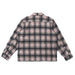A long-sleeve plaid button-up shirt shown from the back, featuring a black, white, and pink plaid pattern on a white background.