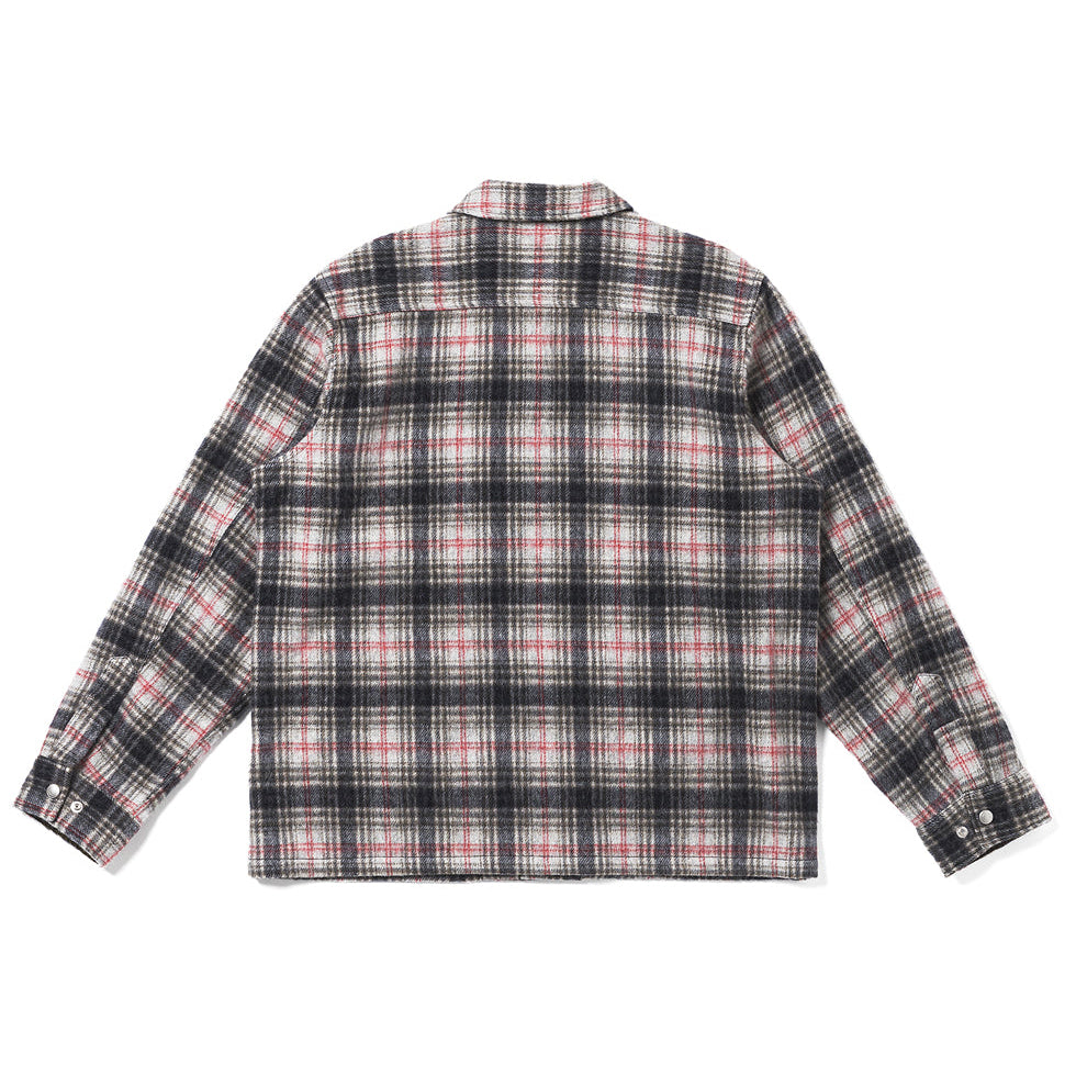 A long-sleeve plaid button-up shirt shown from the back, featuring a black, white, and pink plaid pattern on a white background.