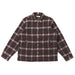 A dark brown and black plaid button-up shirt jacket with white and beige stripes, laid flat on a white background.