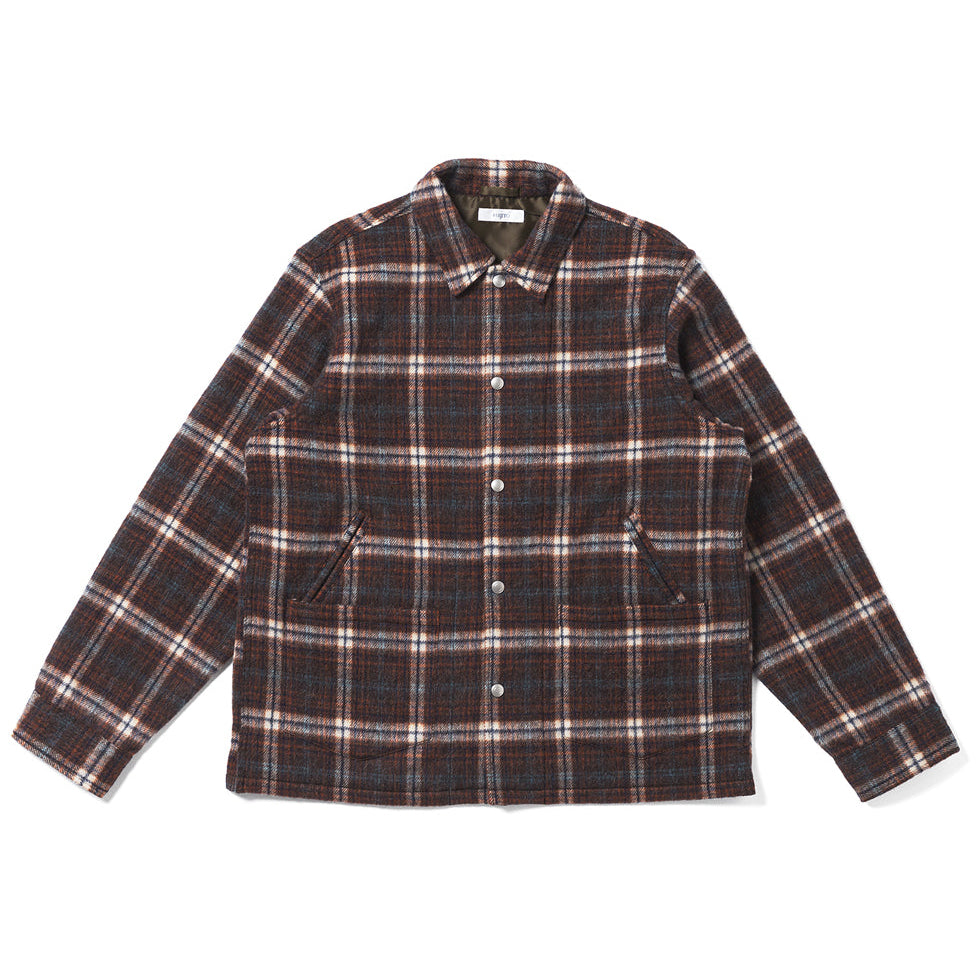 A dark brown and black plaid button-up shirt jacket with white and beige stripes, laid flat on a white background.