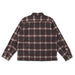A long-sleeve plaid button-up shirt shown from the back, featuring a dark brown and black base with white and beige intersecting lines in a classic tartan pattern, laid flat on a white background.