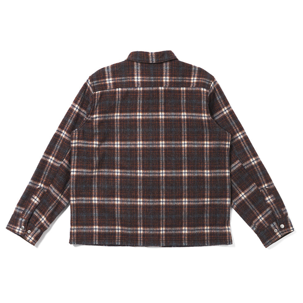 A long-sleeve plaid button-up shirt shown from the back, featuring a dark brown and black base with white and beige intersecting lines in a classic tartan pattern, laid flat on a white background.