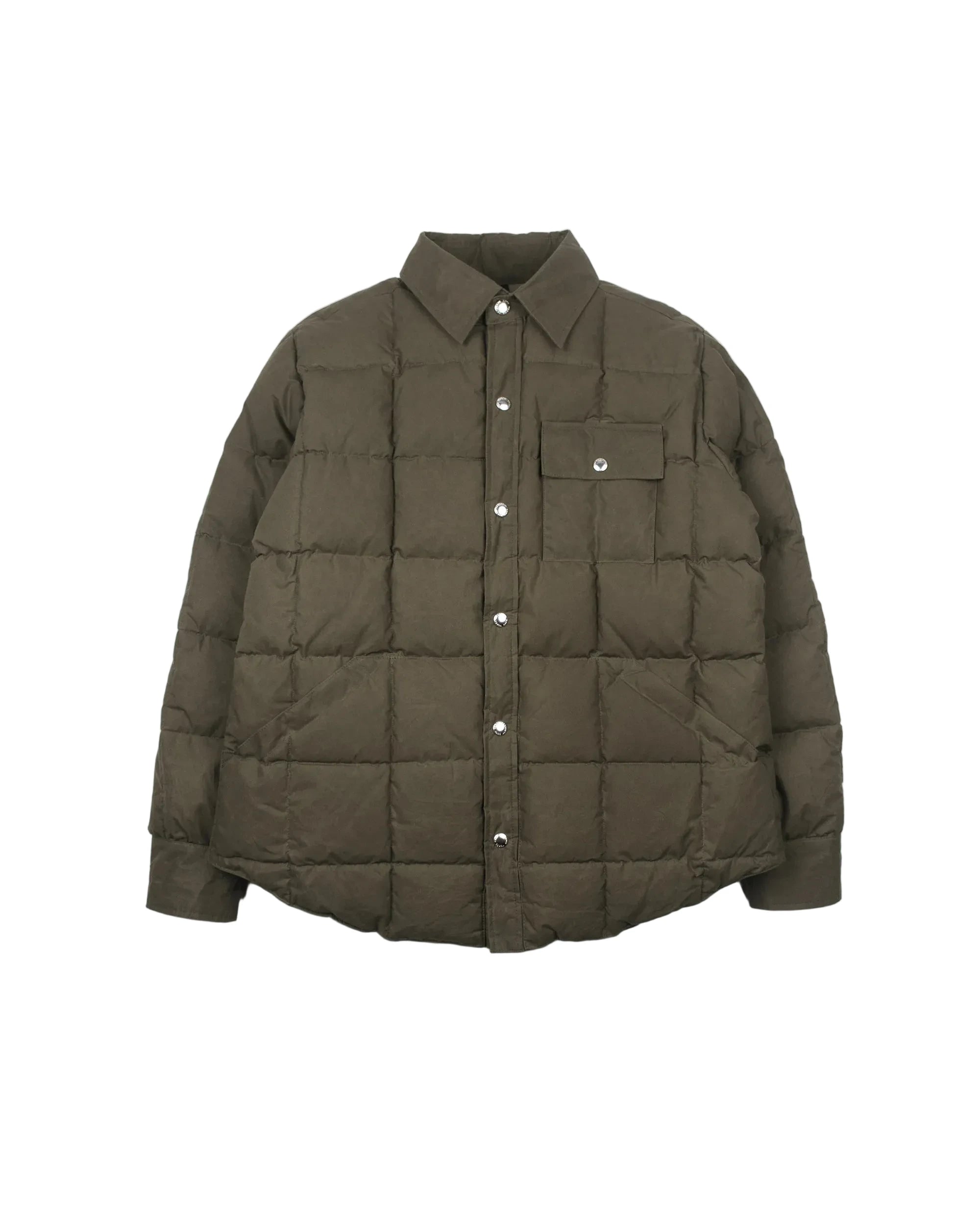 An olive green puffer jacket with a button-up front, collar, and chest pocket, displayed on a light gray background.
