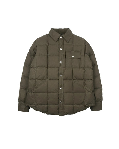 An olive green puffer jacket with a button-up front, collar, and chest pocket, displayed on a light gray background.