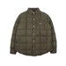 An olive green puffer jacket with a button-up front, collar, and chest pocket, displayed on a light gray background.