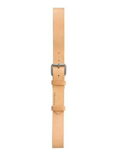 Beige leather watch strap with silver buckle on a light gray background