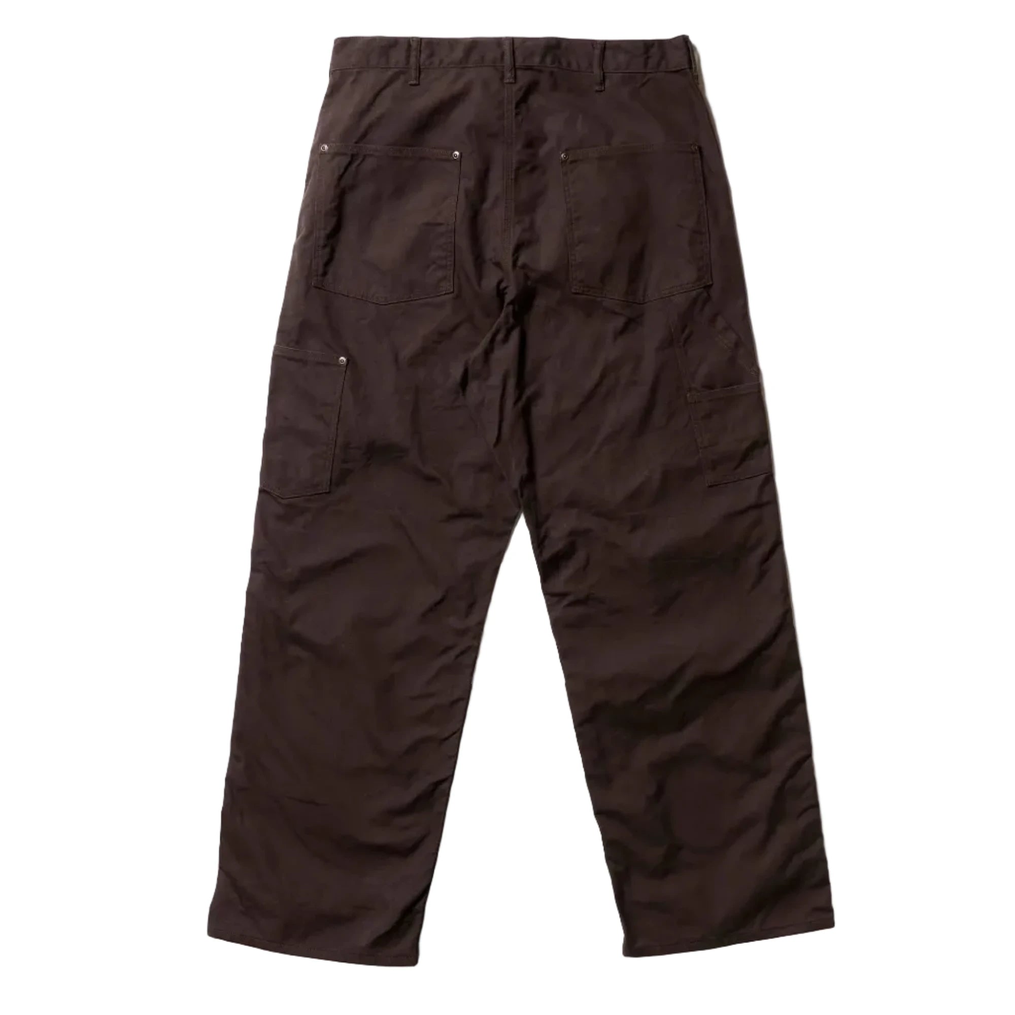 Dark brown cargo pants shown from the back, featuring a waistband, belt loops, and multiple utility pockets, laid flat on a light gray background.