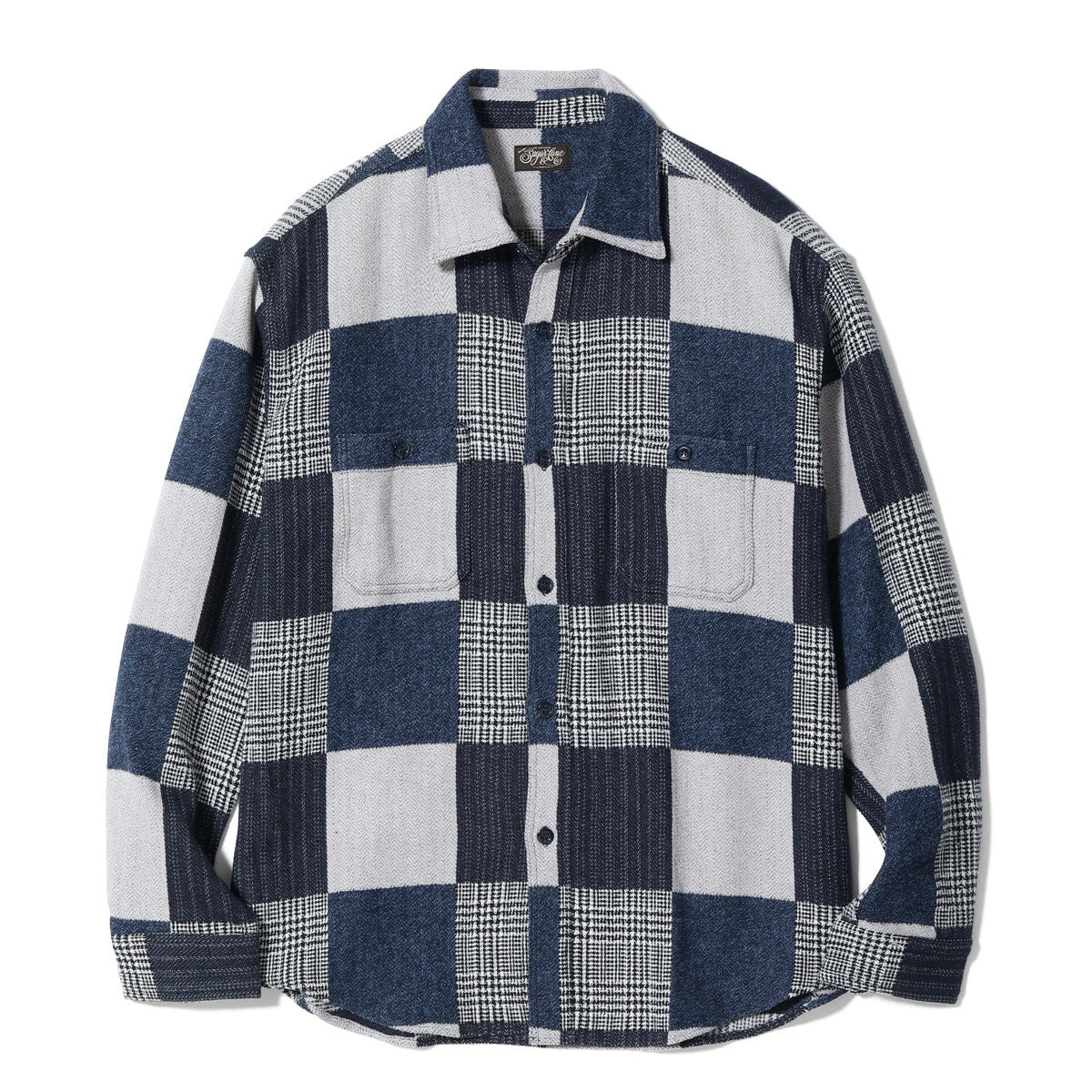 Plaid shirt with blue and white pattern on a white background