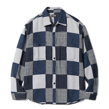 Plaid shirt with blue and white pattern on a white background