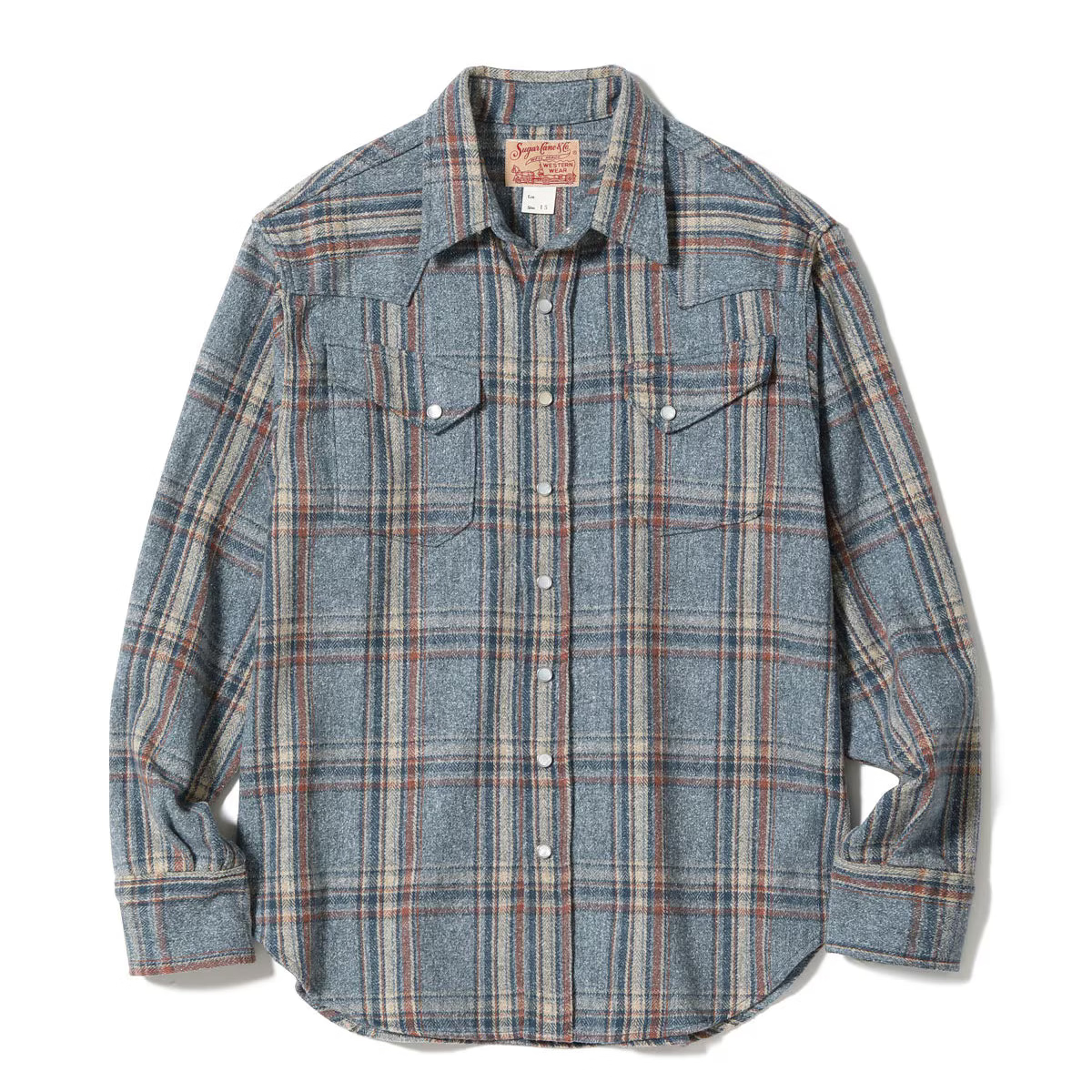 A long-sleeve plaid button-up shirt in a heathered blue-gray fabric with red and orange accent lines, laid flat against a white background.