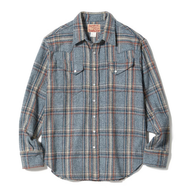 A long-sleeve plaid button-up shirt in a heathered blue-gray fabric with red and orange accent lines, laid flat against a white background.