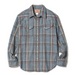A long-sleeve plaid button-up shirt in a heathered blue-gray fabric with red and orange accent lines, laid flat against a white background.