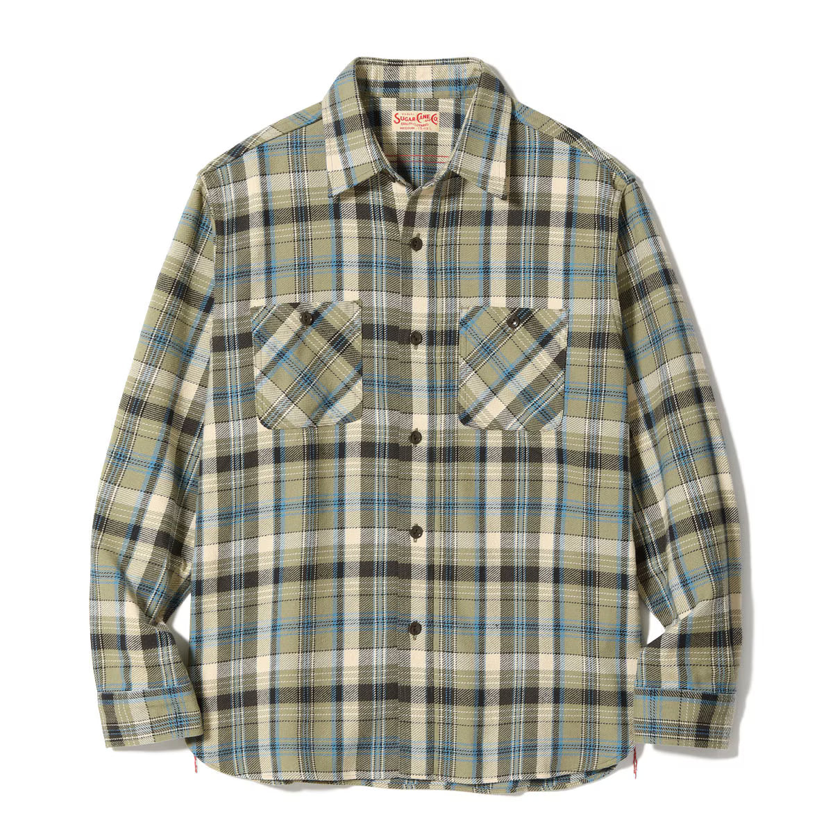 A long-sleeve plaid button-up shirt by Superdry in olive green, beige, black, and blue. The shirt features two buttoned chest pockets and is displayed flat against a white background.