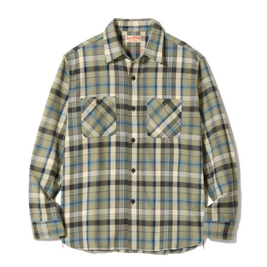 A long-sleeve plaid button-up shirt by Superdry in olive green, beige, black, and blue. The shirt features two buttoned chest pockets and is displayed flat against a white background.