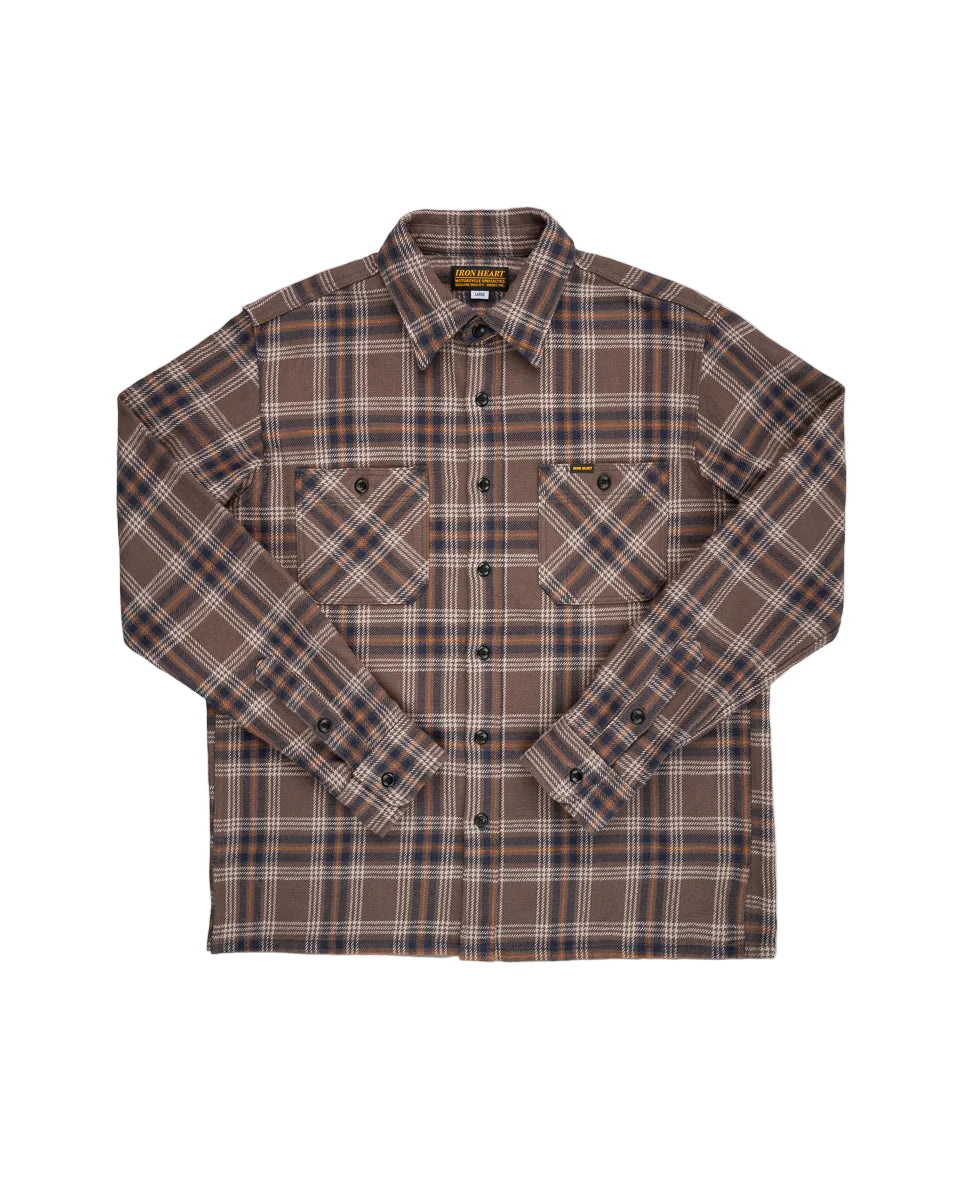 IHSH-430-BRN Slubby Heavy Flannel Check Work Overshirt Brown