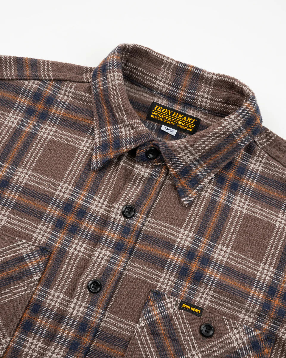 IHSH-430-BRN Slubby Heavy Flannel Check Work Overshirt Brown