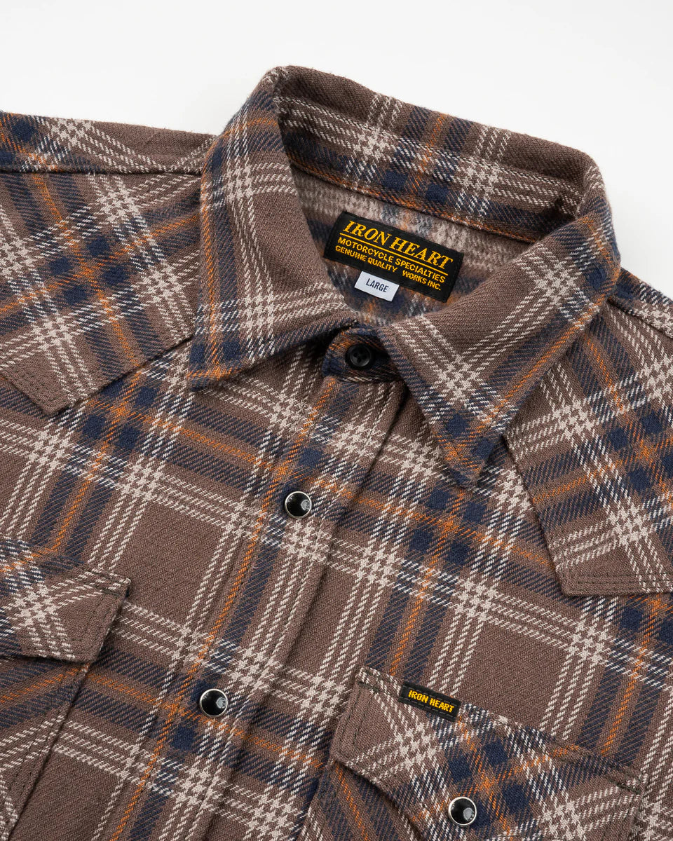 IHSH-431-BRN Slubby Heavy Flannel Check Western Shirt Brown
