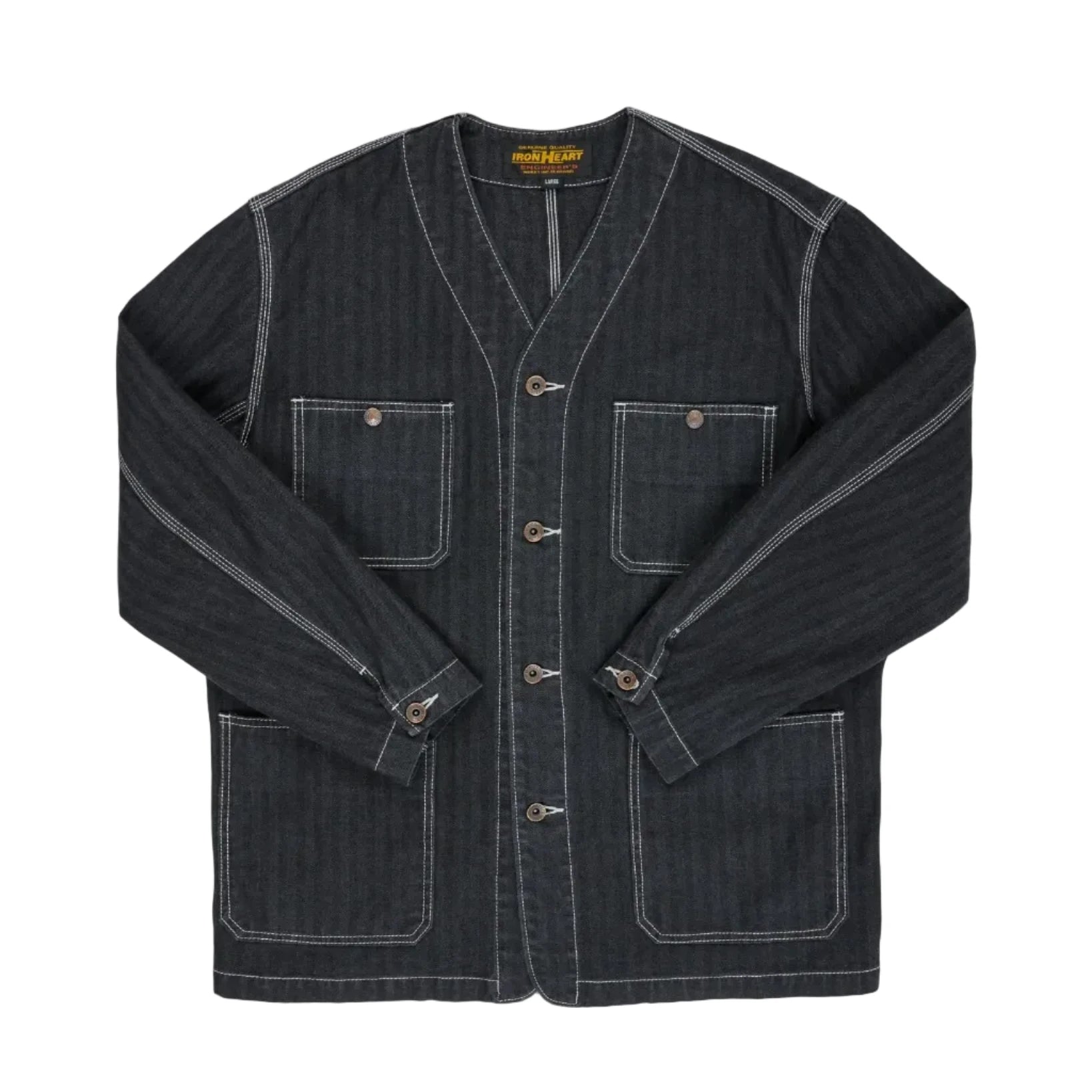 Dark denim jacket with button details on a white background