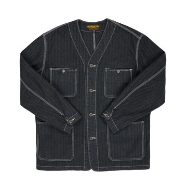 Dark denim jacket with button details on a white background