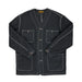 Dark denim jacket with button details on a white background