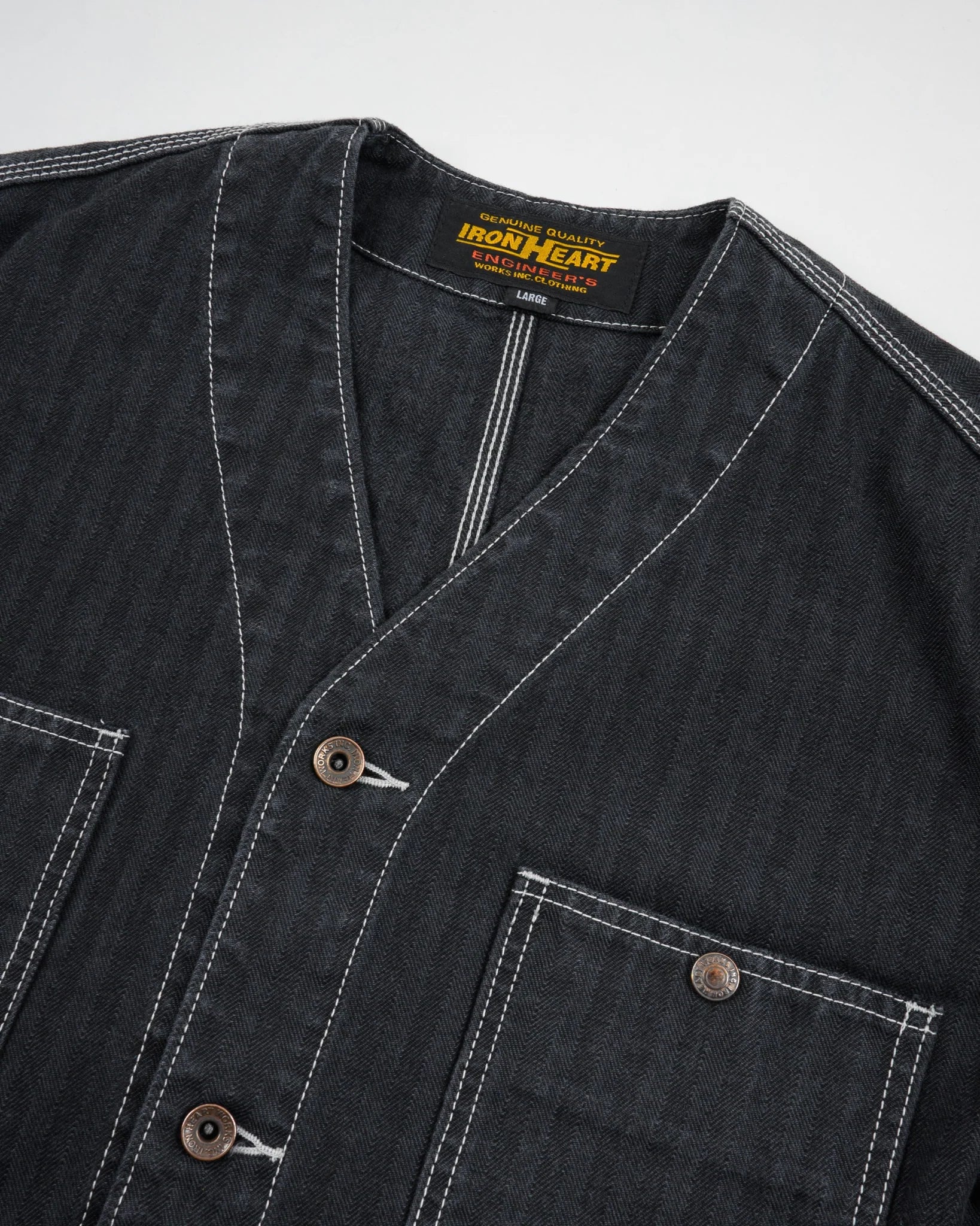 IHJ-158-BLK 10.5oz Herringbone Collarless Chore Jacket Black Overdyed Black