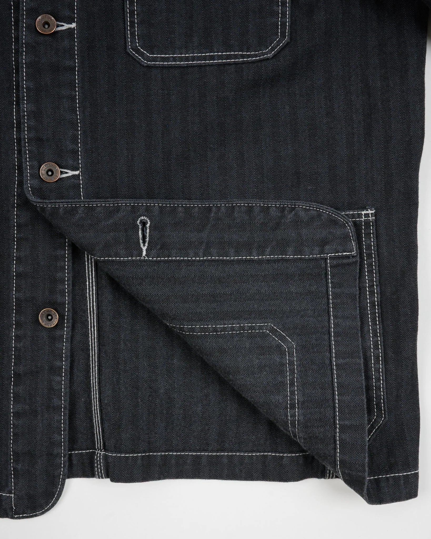 IHJ-158-BLK 10.5oz Herringbone Collarless Chore Jacket Black Overdyed Black