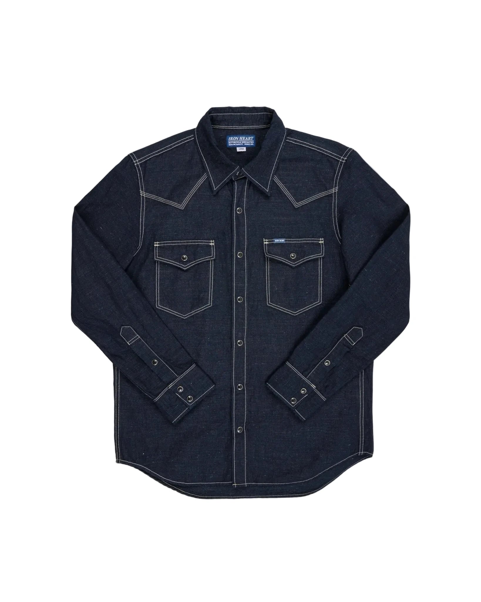 Dark denim shirt with white stitching on a light gray background