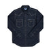 Dark denim shirt with white stitching on a light gray background