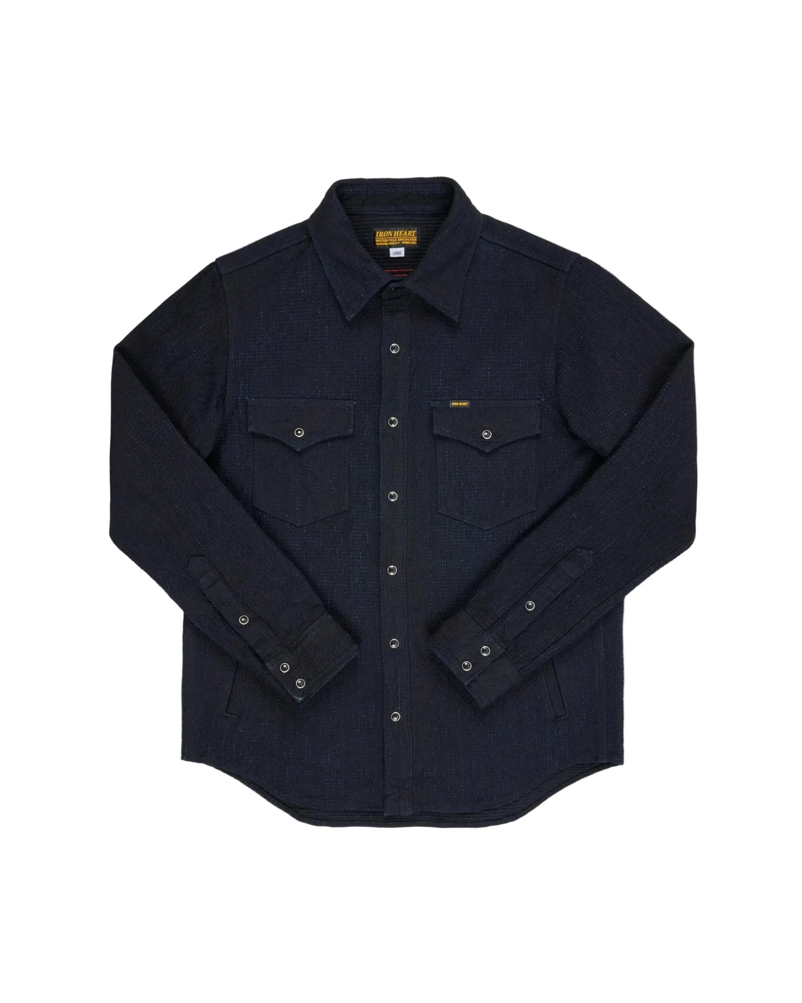 Navy blue shirt with brand logo on a light gray background