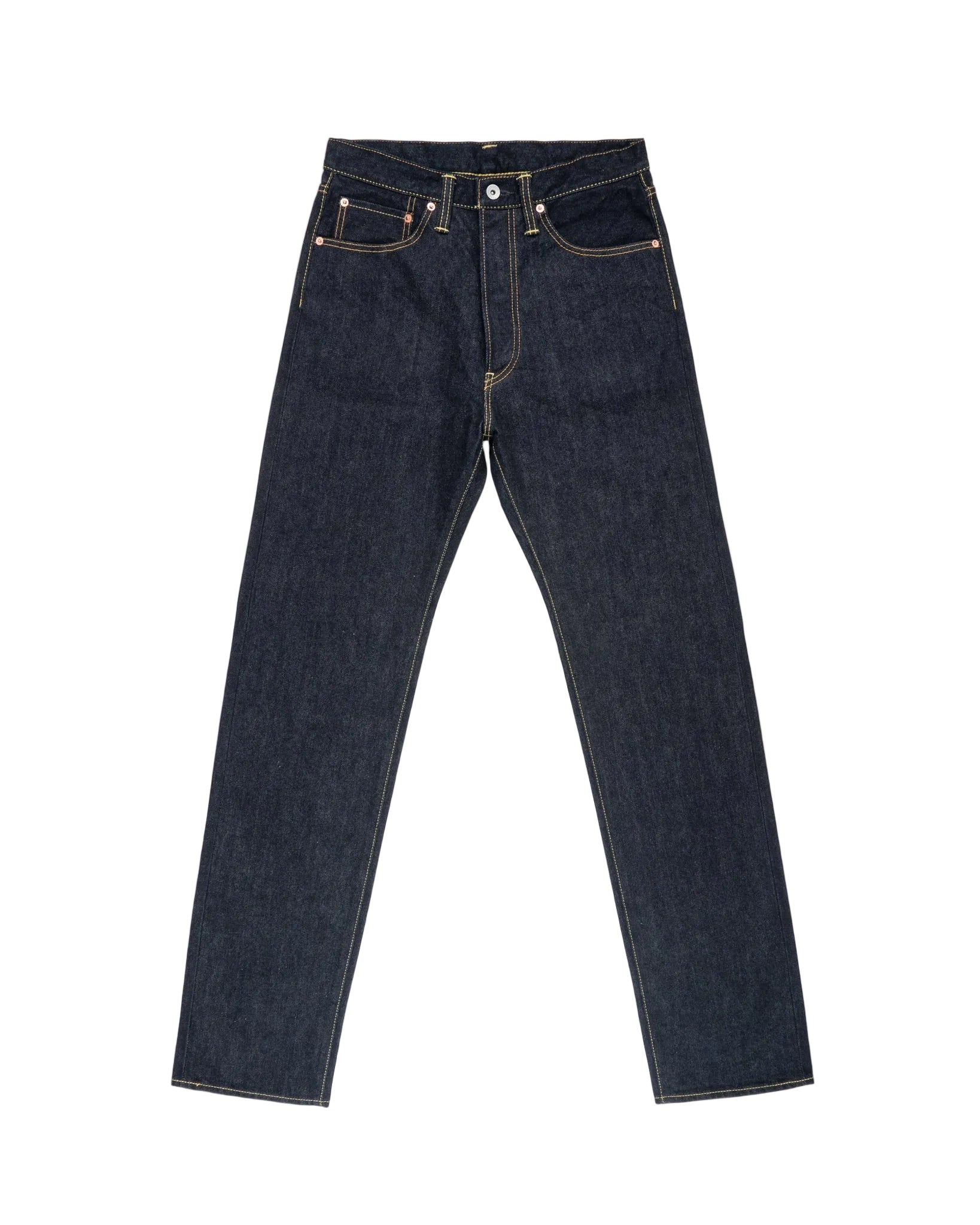Pair of dark blue jeans on a white background