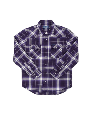 Purple and white plaid shirt on a white background