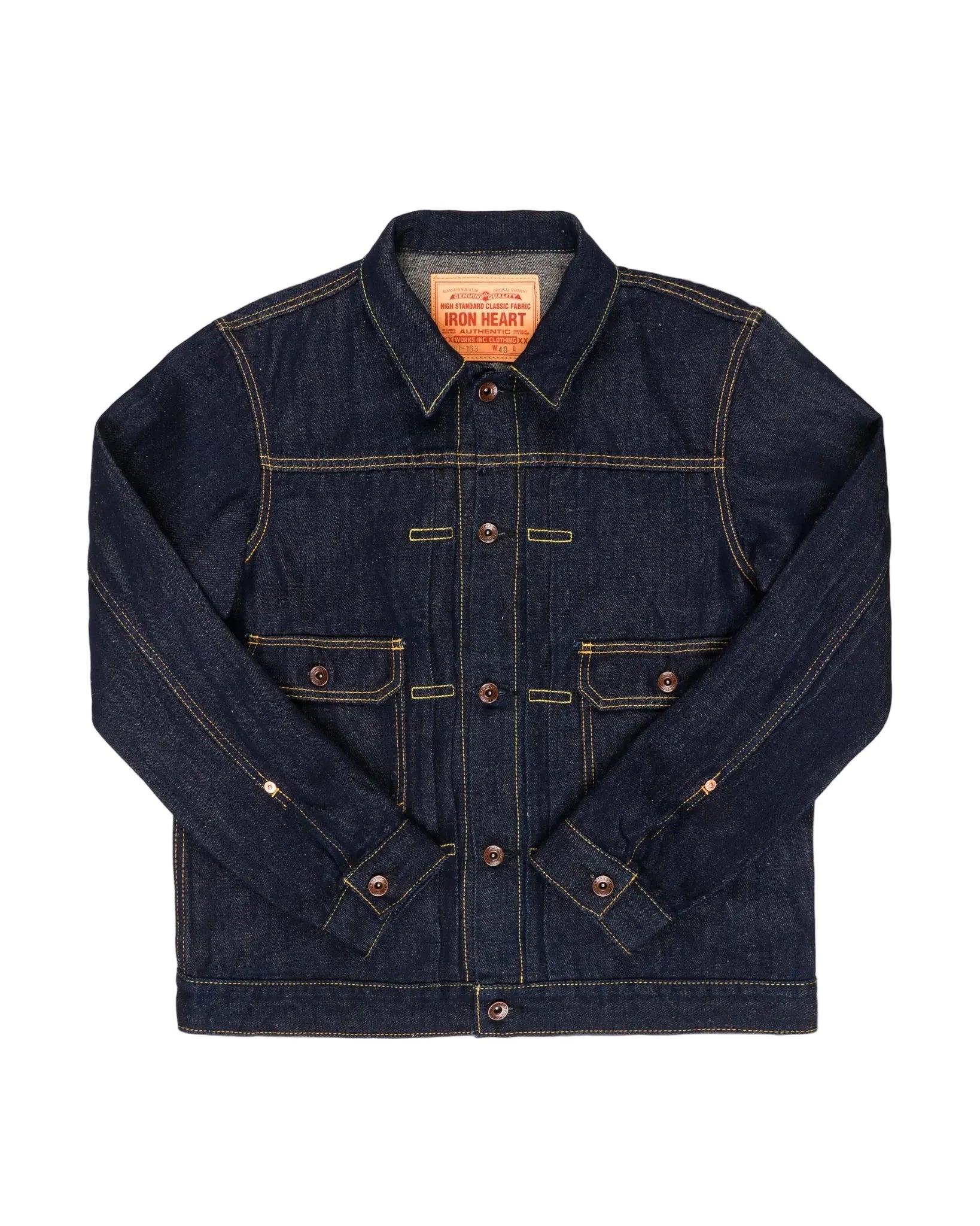 Dark blue denim jacket on a white background