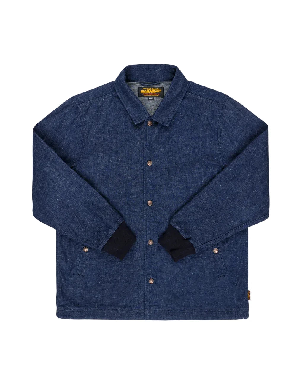 Blue jacket with brand logo on a light gray background