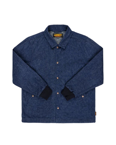 Blue jacket with brand logo on a light gray background