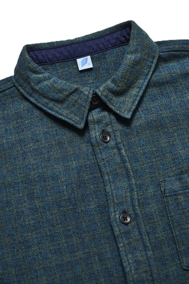 2235-GR Cotton Tweed Over Dye Shirt - Green Check Indigo