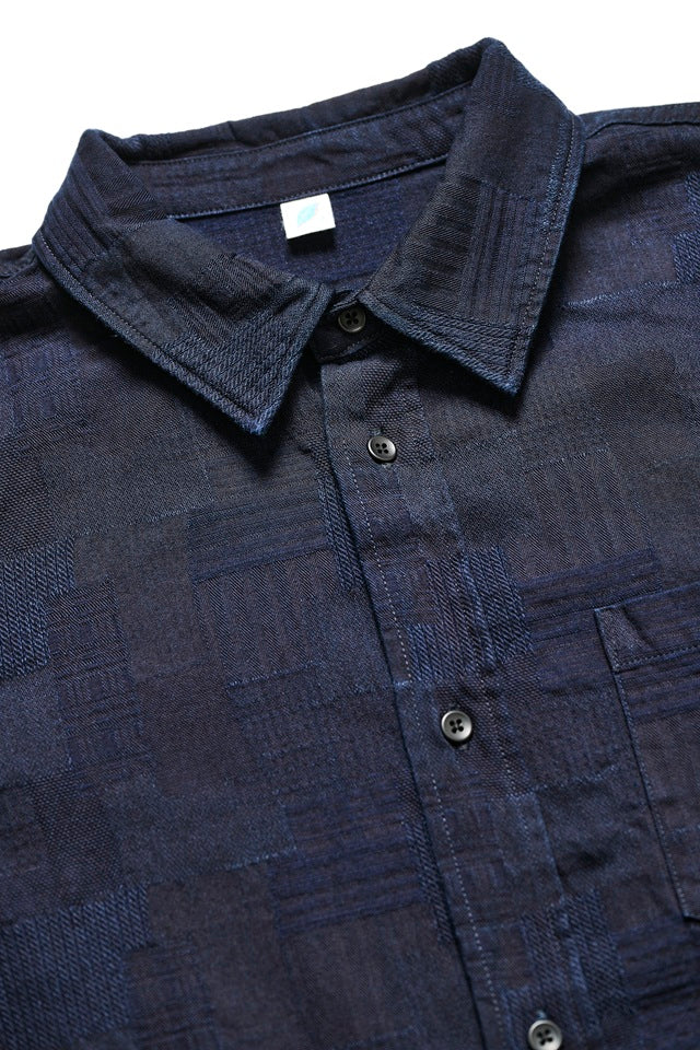 2239-ID Woven Jacquard BORO Patchwork Shirt - Double Indigo