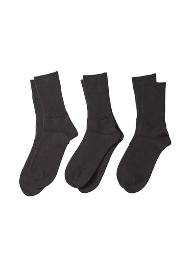 Three pairs of dark charcoal gray crew socks arranged side by side on a clean white background.