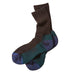 A pair of crew socks with a color-blocked design, featuring a dark brown upper, a dark teal green midsection, and a blue patterned toe and heel section, laid flat on a white background.