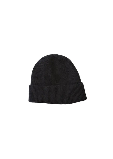 A classic black ribbed knit beanie hat, shown flat against a clean white background.