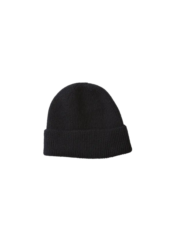 A classic black ribbed knit beanie hat, shown flat against a clean white background.