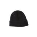 A classic black ribbed knit beanie hat, shown flat against a clean white background.