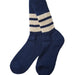 A pair of navy blue knit crew socks with two cream stripes near the cuff, displayed on a light gray background.