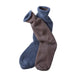 Two plush crew socks, one in dusty blue and one in taupe-brown, arranged overlapping on a clean white background.